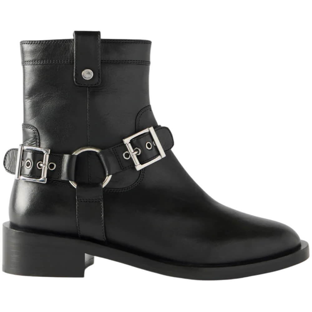 Mint Velvet Black Leather Buckled Biker Ankle Boots